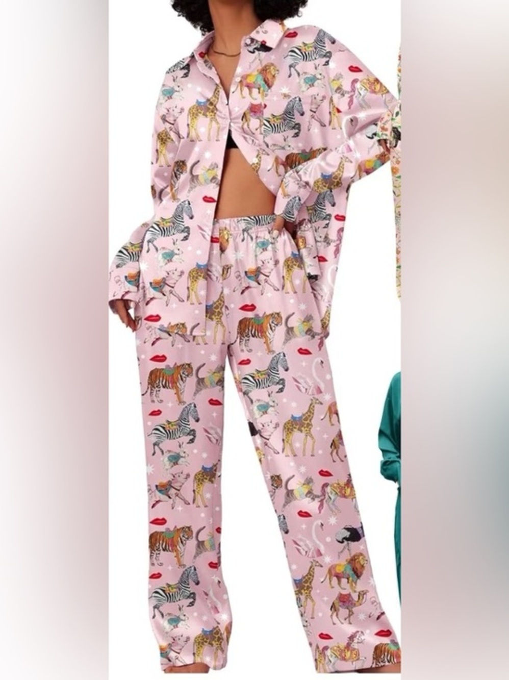 Pink Satin Circus Animal Print Two Piece Novelty Pajamas EKOUAER EUC XL #2674